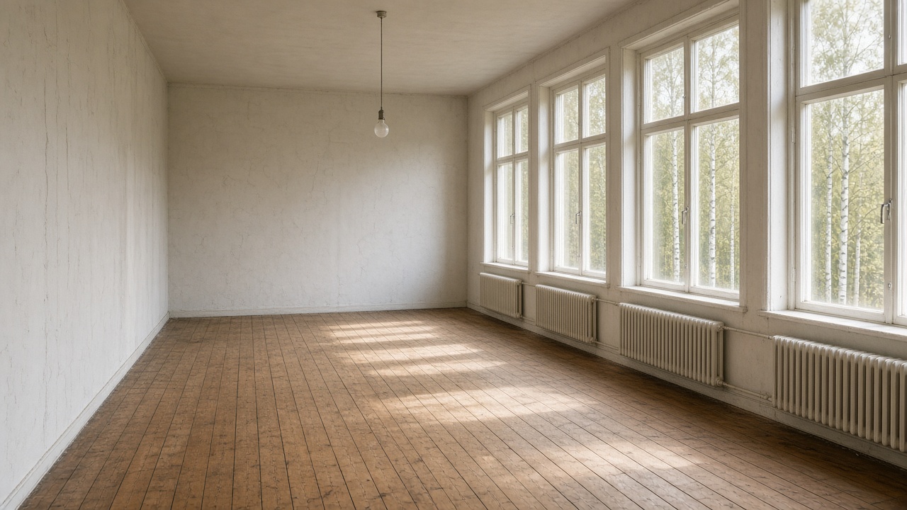 Övre plan före renovering: tomt rum med trägolv och en rad höga fönster mot björkar